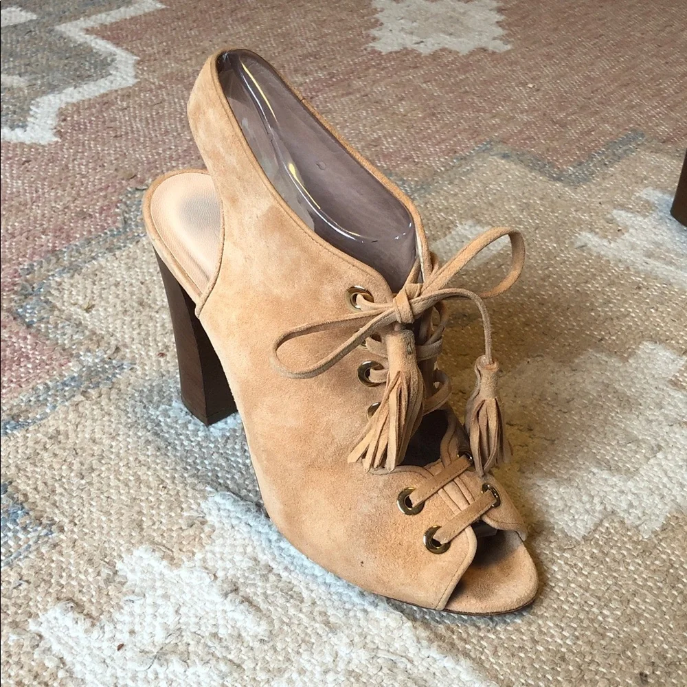 Club Monaco Mireva Suede Lace-up Open Toe Block Heel Sandals Tan Sz. 40